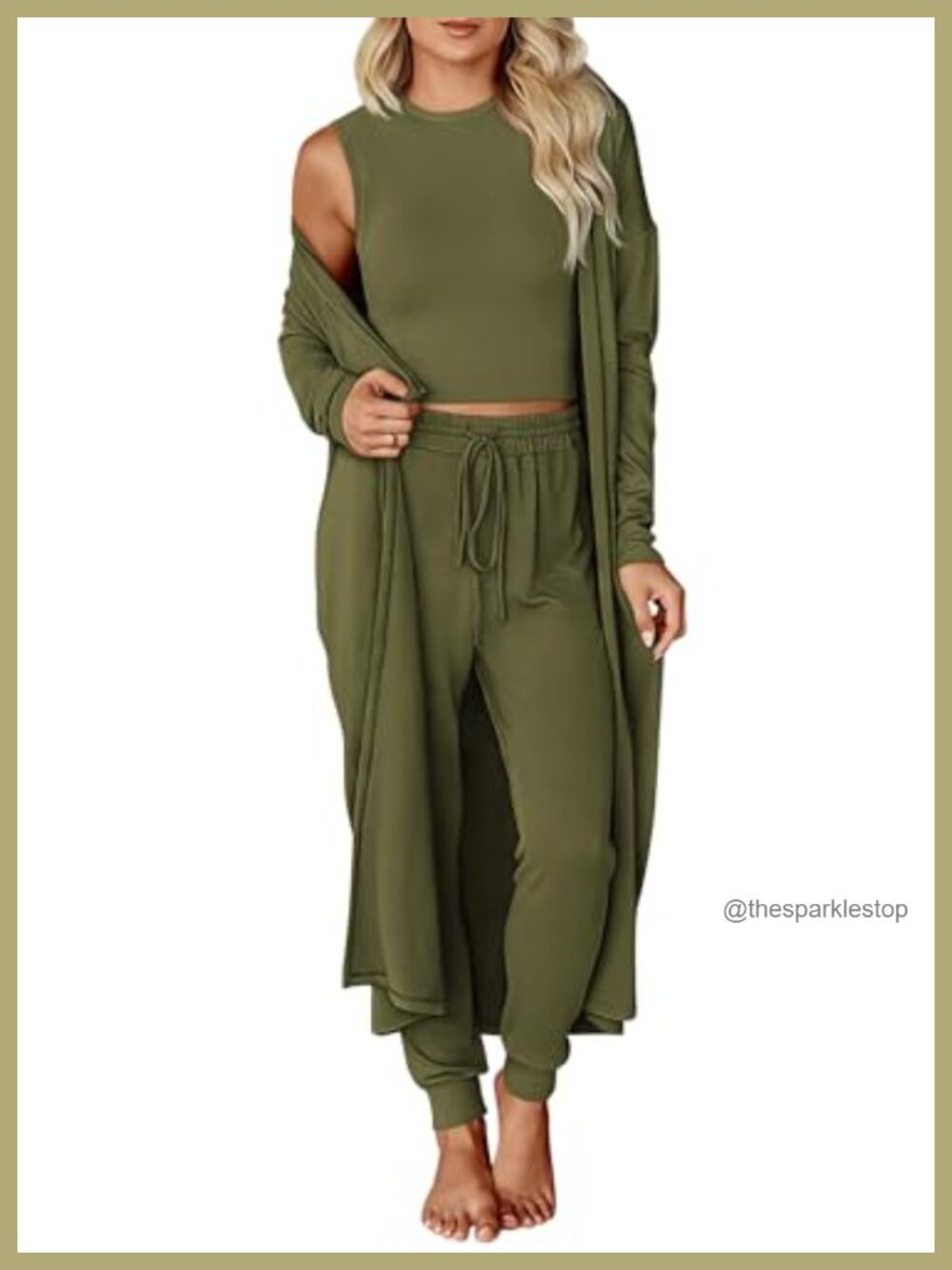 3 Piece Lounge Set Crop Tank Jogger Pants Cardigan Travel Outfit